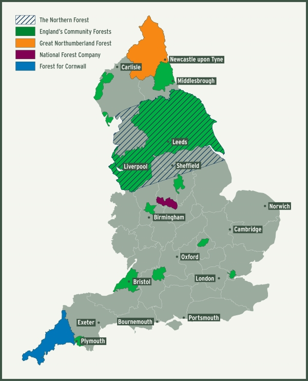 Map of England visualising the catchment areas of The Northern Forest, England's Community Forests, Great Northumberland Forest, National Forest, and Forest for Cornwall. 